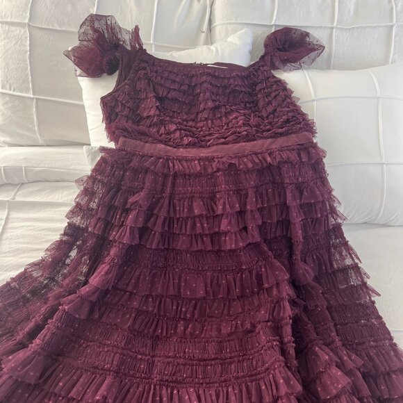 Mac Duggal Purple Ruffle Cap Sleeve Tiered Midi Dress Style 8054 - Picture 5 of 7